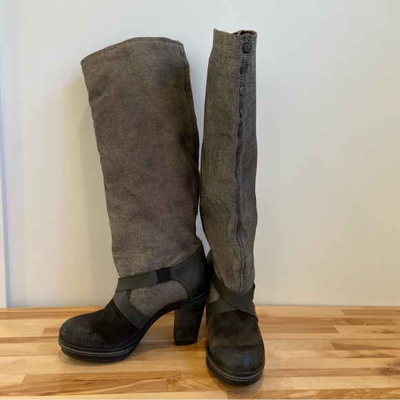 Western Diesel heeled platform boot distressed leather black grey denim harness - Picture 5 of 16